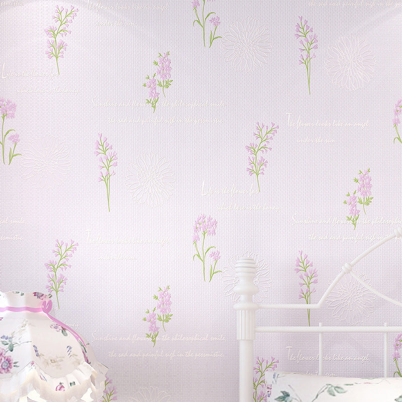 Non-Woven Fabric Wall Covering Blooming Flower Textured Wallpaper Roll in Soft Color Light Purple Clearhalo 'Country wall decor' 'Rustic' 'Wallpaper' Wall Decor' 1202790