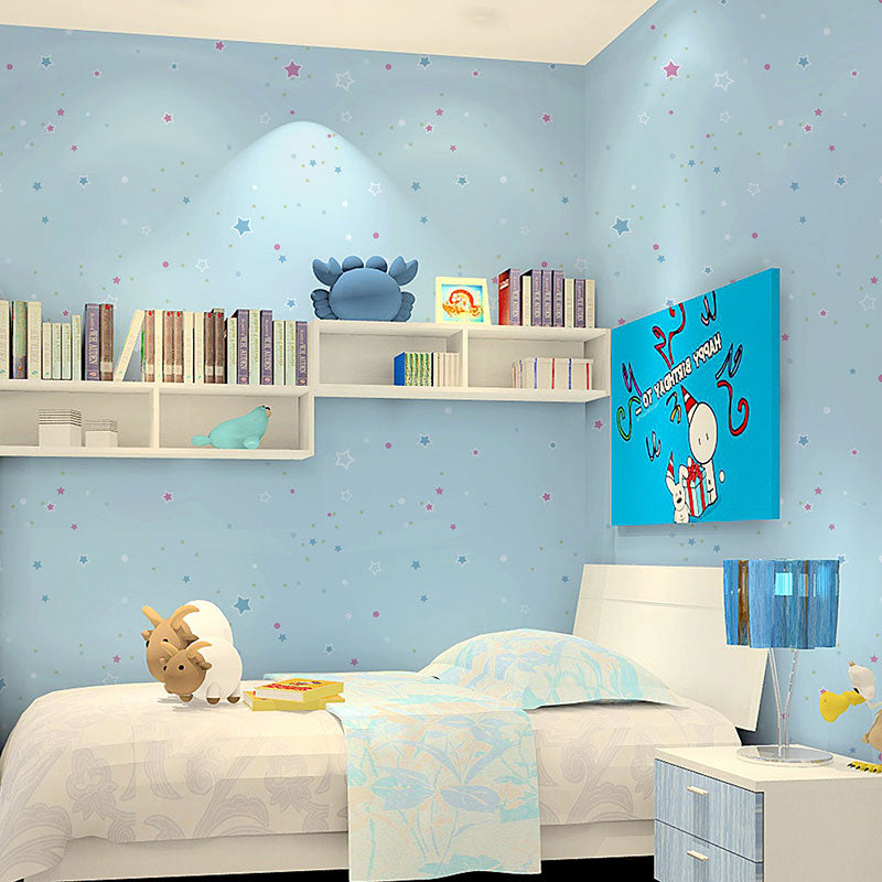 Star and Dots Children Wallpaper for Bedroom Non-Woven Fabric Wall Covering in Soft Color Light Blue Clearhalo 'Wall Decor' 'Wallpaper' 1203204