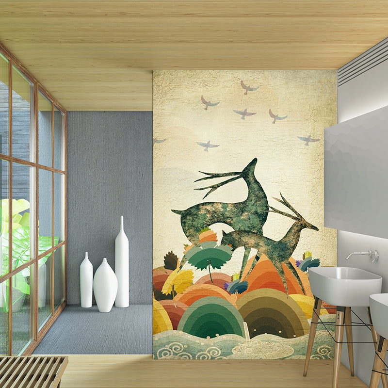 Wild Land Deers Wallpaper Murals Beige Scandinavian Wall Decoration for Living Room Clearhalo 'Wall Decor' 'Wall Mural' 1203275