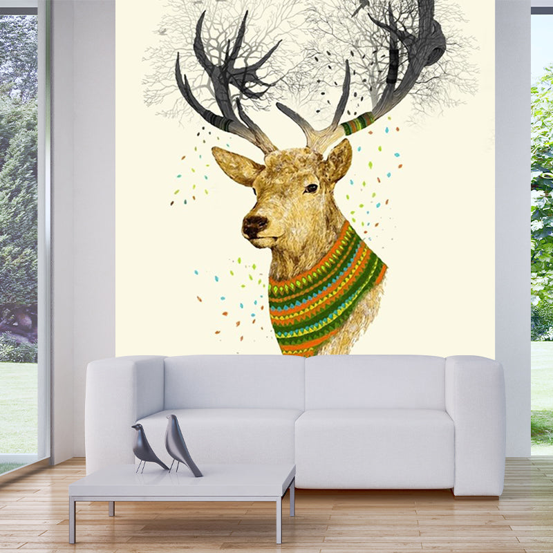 Beige Elk Head Painting Murals Waterproof Nordic Bedroom Wall Covering, Non-Woven Beige Clearhalo 'Wall Decor' 'Wall Mural' 1203278