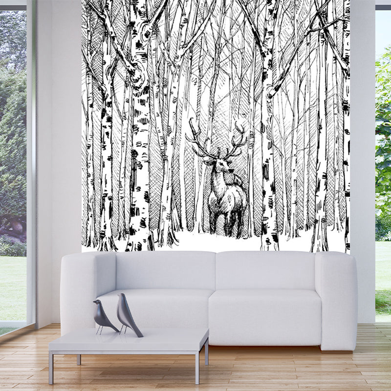 Black-White Modern Art Mural Full Size Deer in Bare Trees Patterned Wall Decor for Home Black-White Clearhalo 'Wall Decor' 'Wall Mural' 1203283