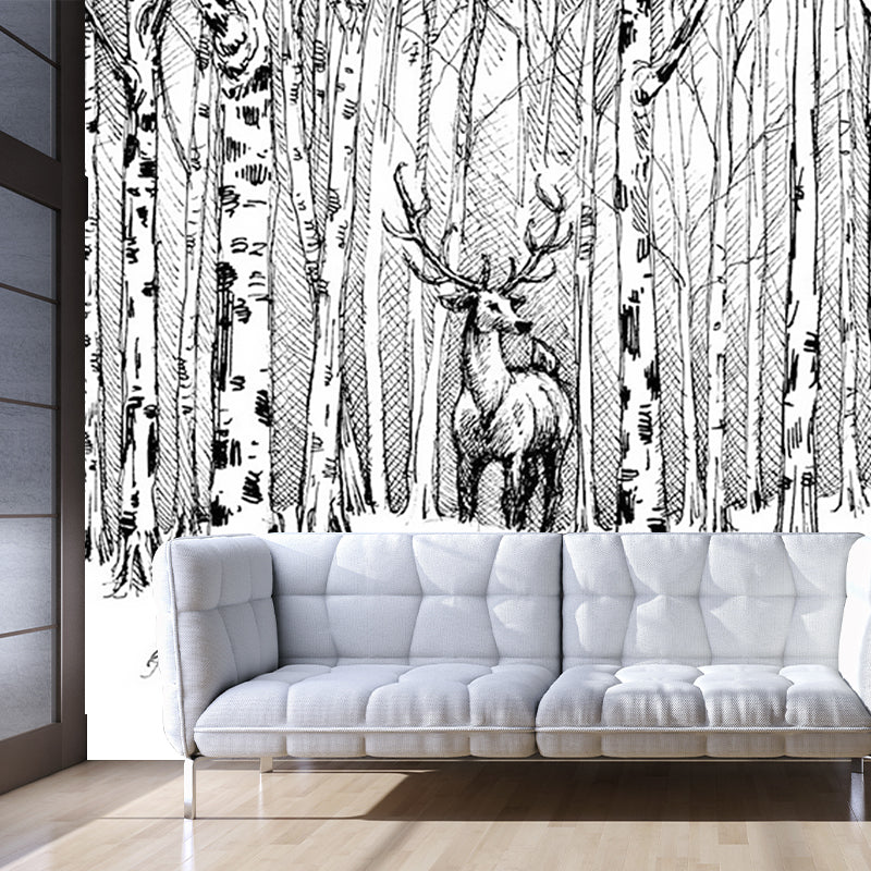 Black-White Modern Art Mural Full Size Deer in Bare Trees Patterned Wall Decor for Home Clearhalo 'Wall Decor' 'Wall Mural' 1203285