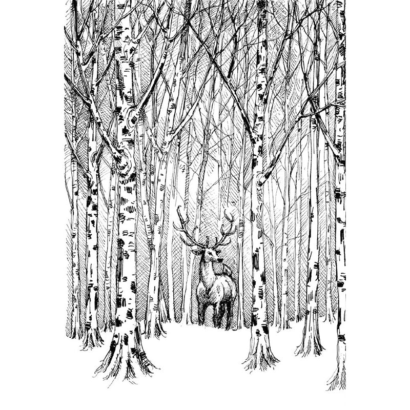 Black-White Modern Art Mural Full Size Deer in Bare Trees Patterned Wall Decor for Home Clearhalo 'Wall Decor' 'Wall Mural' 1203286