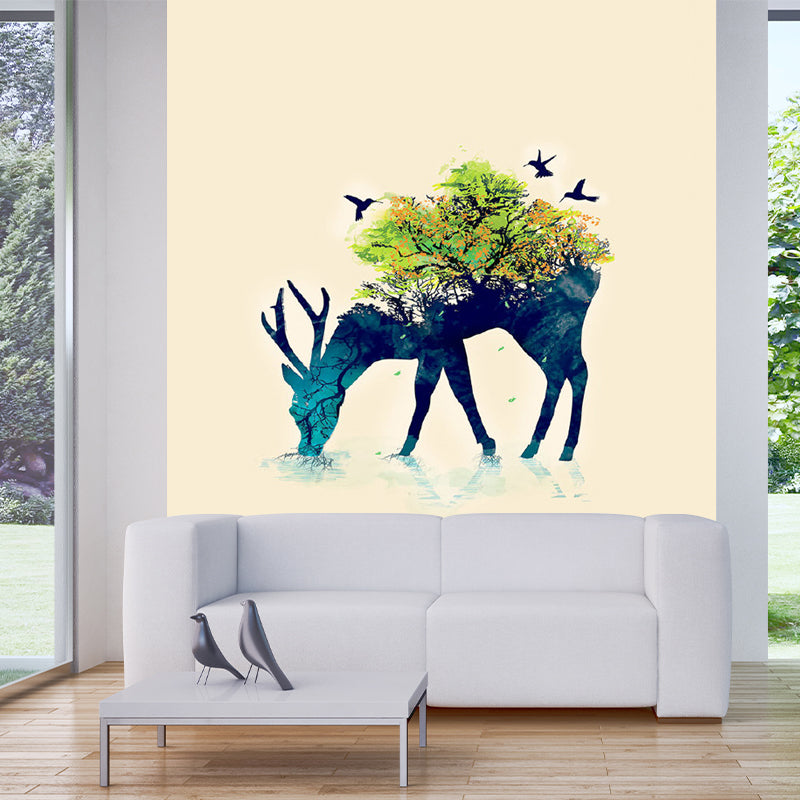 Aesthetics Deer and Forest Mural Decal Blue-Green Living Room Wall Decoration, Custom Size Blue-Green Clearhalo 'Wall Decor' 'Wall Mural' 1203371