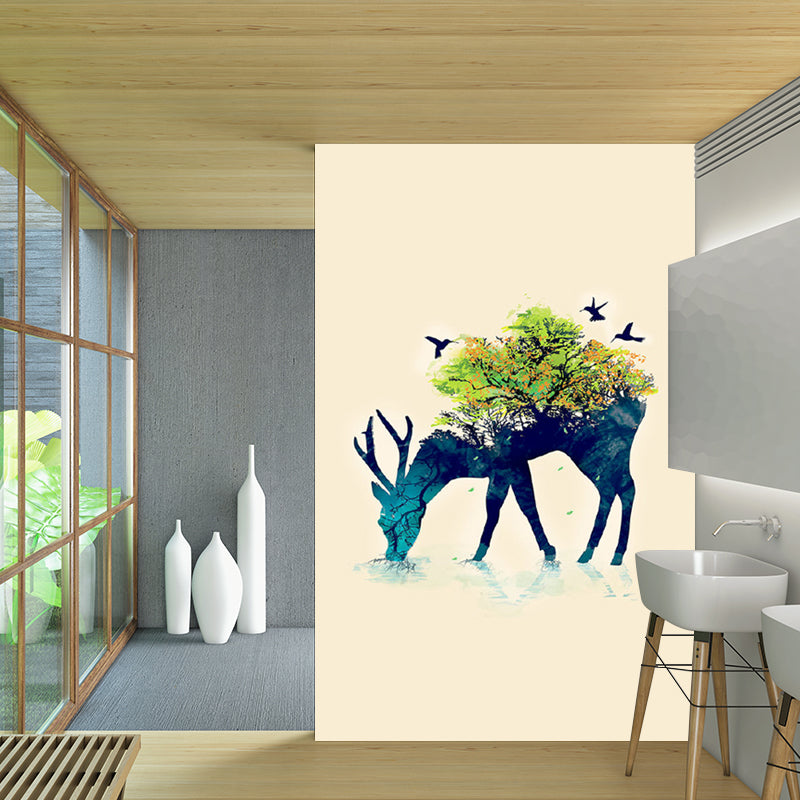 Aesthetics Deer and Forest Mural Decal Blue-Green Living Room Wall Decoration, Custom Size Clearhalo 'Wall Decor' 'Wall Mural' 1203373