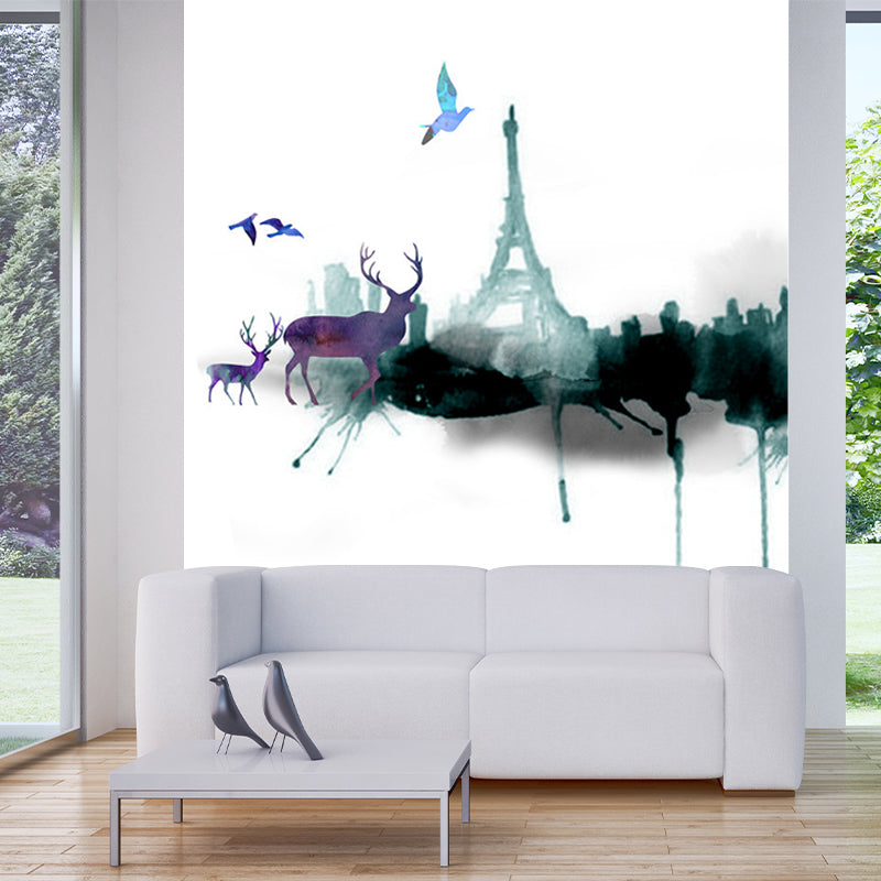 Artistic Watercolor Deer Mural Grey and Green Landscape Painting Wall Covering for Accent Wall Gray-Green A Clearhalo 'Wall Decor' 'Wall Mural' 1203395