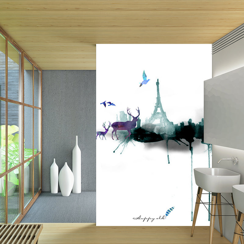 Artistic Watercolor Deer Mural Grey and Green Landscape Painting Wall Covering for Accent Wall Clearhalo 'Wall Decor' 'Wall Mural' 1203397