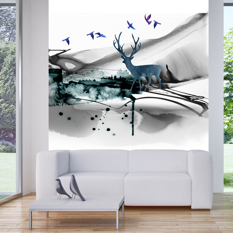 Artistic Watercolor Deer Mural Grey and Green Landscape Painting Wall Covering for Accent Wall Gray-Green B Clearhalo 'Wall Decor' 'Wall Mural' 1203400