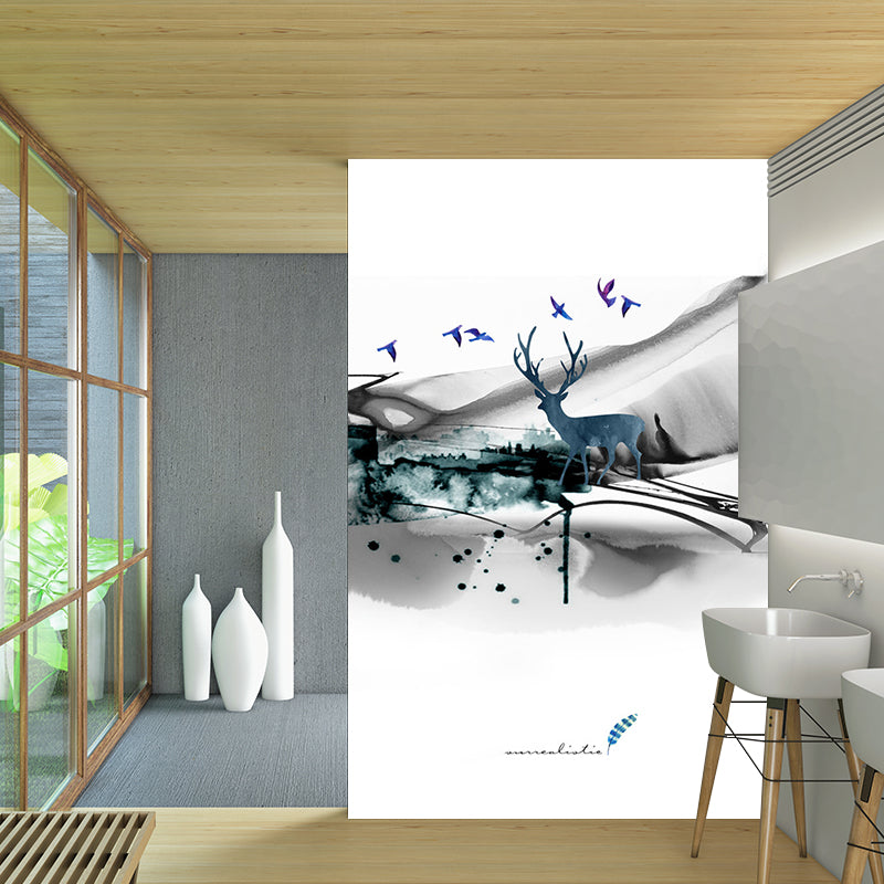 Artistic Watercolor Deer Mural Grey and Green Landscape Painting Wall Covering for Accent Wall Clearhalo 'Wall Decor' 'Wall Mural' 1203402