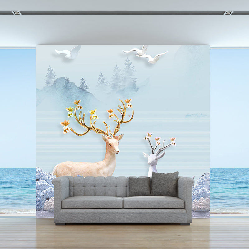 Whole Scenery Wall Paper Murals Nordic Gulls and Deers by the Riverside Wall Art in Blue Clearhalo 'Wall Decor' 'Wall Mural' 1203422