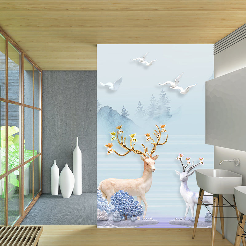 Whole Scenery Wall Paper Murals Nordic Gulls and Deers by the Riverside Wall Art in Blue Clearhalo 'Wall Decor' 'Wall Mural' 1203423