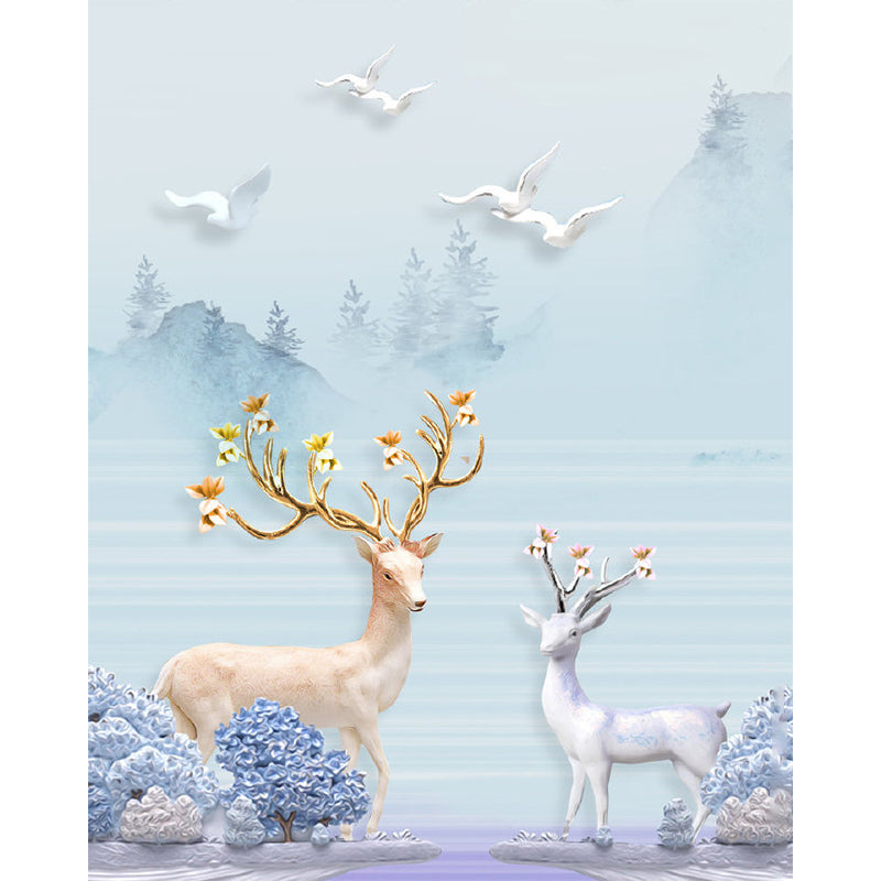 Whole Scenery Wall Paper Murals Nordic Gulls and Deers by the Riverside Wall Art in Blue Clearhalo 'Wall Decor' 'Wall Mural' 1203424