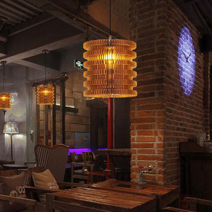 Woven Shade Hanging Lighting Asian Style Corrugated Paper 1 Bulb Restaurant Pendant Lamp in Beige/Brown Clearhalo 'Ceiling Lights' 'Pendant Lights' 'Pendants' Lighting' 120350