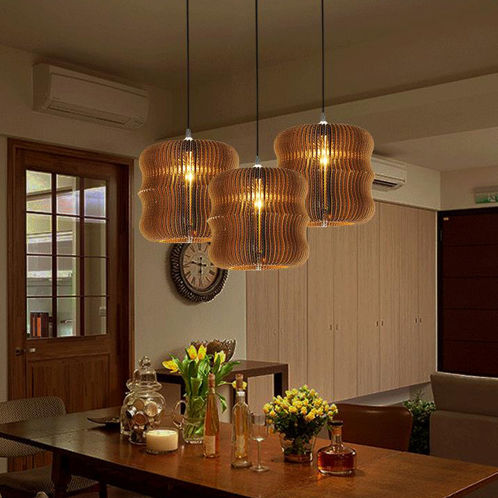 Woven Shade Hanging Lighting Asian Style Corrugated Paper 1 Bulb Restaurant Pendant Lamp in Beige/Brown Brown I Clearhalo 'Ceiling Lights' 'Pendant Lights' 'Pendants' Lighting' 120353_be3a1e93-27e7-421e-ac90-6904decfb370