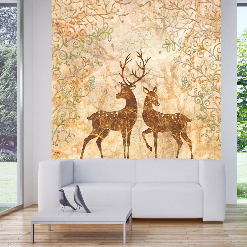 Beige Sika Deers Wall Murals Animal Contemporary Moisture Resistant Wall Decor for Living Room Beige Clearhalo 'Wall Decor' 'Wall Mural' 1203551