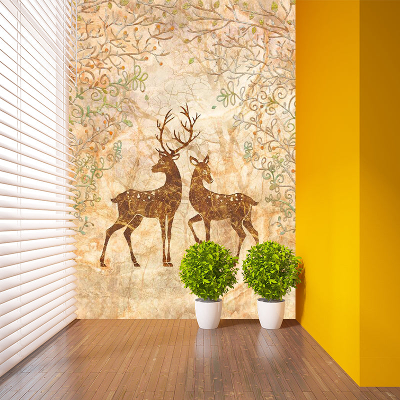 Beige Sika Deers Wall Murals Animal Contemporary Moisture Resistant Wall Decor for Living Room Clearhalo 'Wall Decor' 'Wall Mural' 1203552