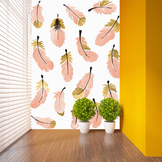 Orange Pink Feathers Mural Decal Stain Resistant Stylish Bedroom Wall Art, Non-Woven Cloth Clearhalo 'Wall Decor' 'Wall Mural' 1203557