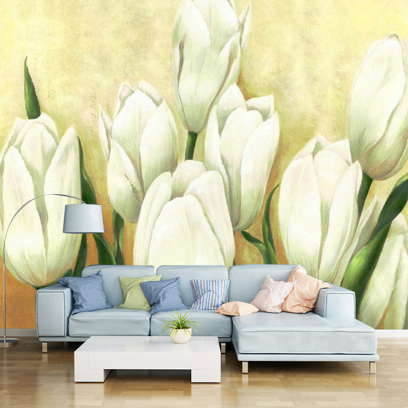 Beautiful Tulip Wall Mural Decal for Living Room Flower Print Wall Art, Custom Printed Yellow-White Clearhalo 'Wall Decor' 'Wall Mural' 1203581