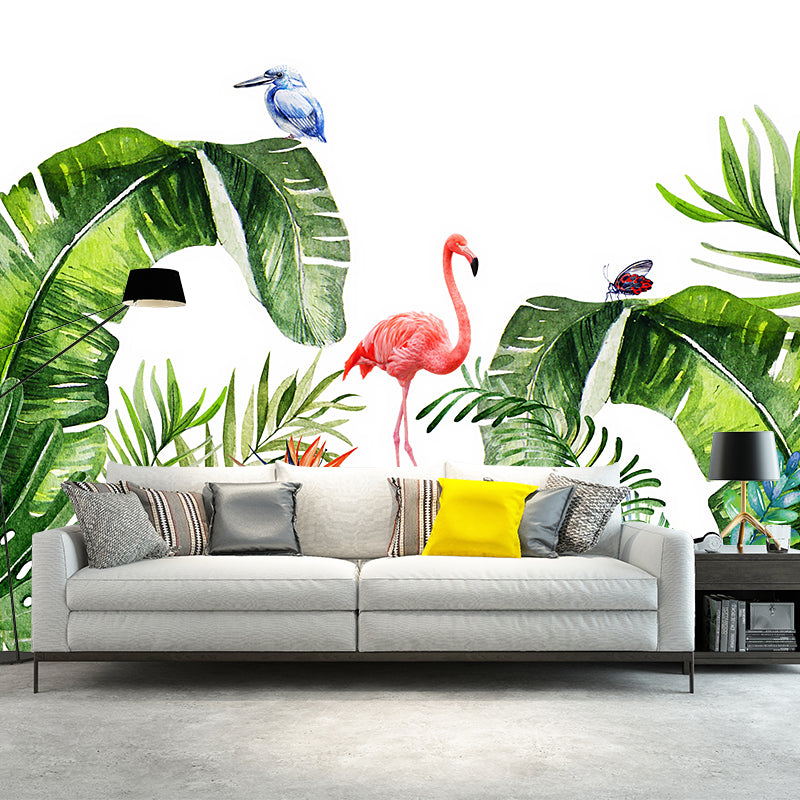 Tropics Plants Flamingo Murals Wallpaper Pink and Green Water Resistant Wall Art for Bedroom Pink-Green Clearhalo 'Wall Decor' 'Wall Mural' 1203664