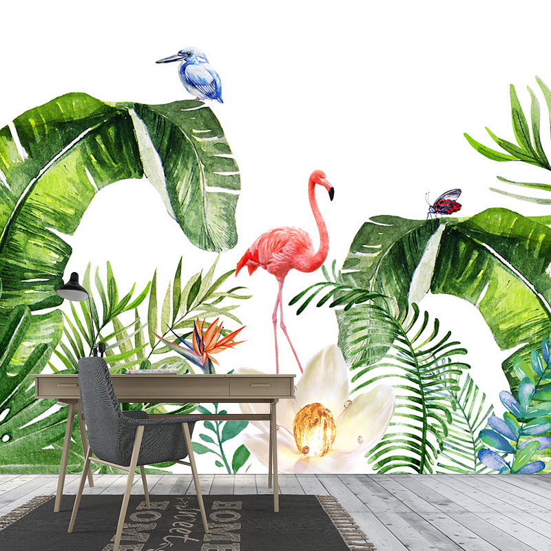 Tropics Plants Flamingo Murals Wallpaper Pink and Green Water Resistant Wall Art for Bedroom Clearhalo 'Wall Decor' 'Wall Mural' 1203666