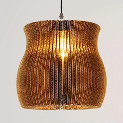 Woven Shade Hanging Lighting Asian Style Corrugated Paper 1 Bulb Restaurant Pendant Lamp in Beige/Brown Clearhalo 'Ceiling Lights' 'Pendant Lights' 'Pendants' Lighting' 120367