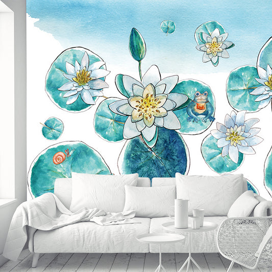 Aqua Watercolor Lotus Pond Murals Flower Asian Moisture Resistant Wall Decor for Bedroom Clearhalo 'Wall Decor' 'Wall Mural' 1203684