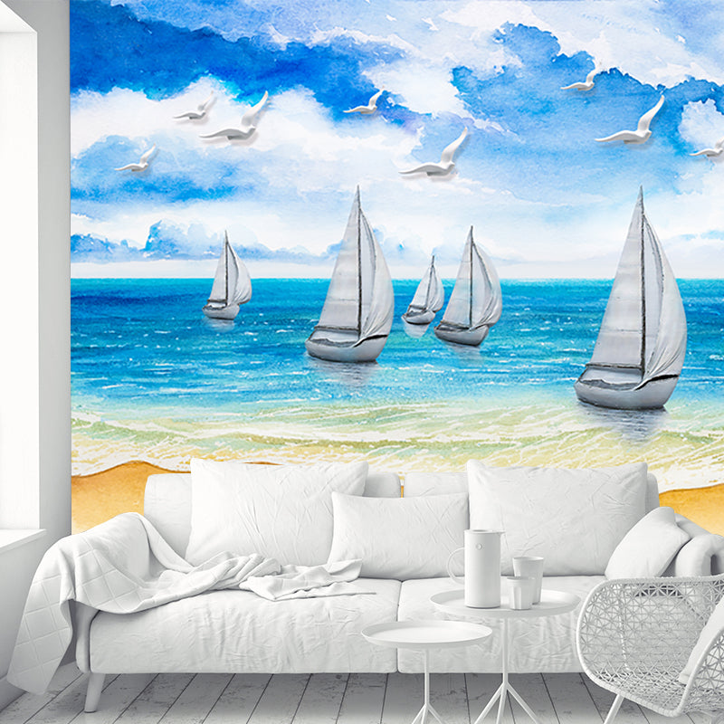 Whole Tropics Wall Paper Murals Blue and White Sailboat on Seashore Painting Wall Art, Custom-Made Blue-White Clearhalo 'Wall Decor' 'Wall Mural' 1203754