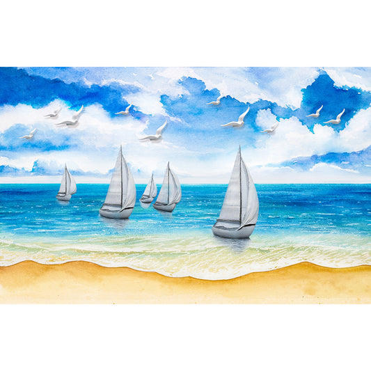 Whole Tropics Wall Paper Murals Blue and White Sailboat on Seashore Painting Wall Art, Custom-Made Clearhalo 'Wall Decor' 'Wall Mural' 1203757