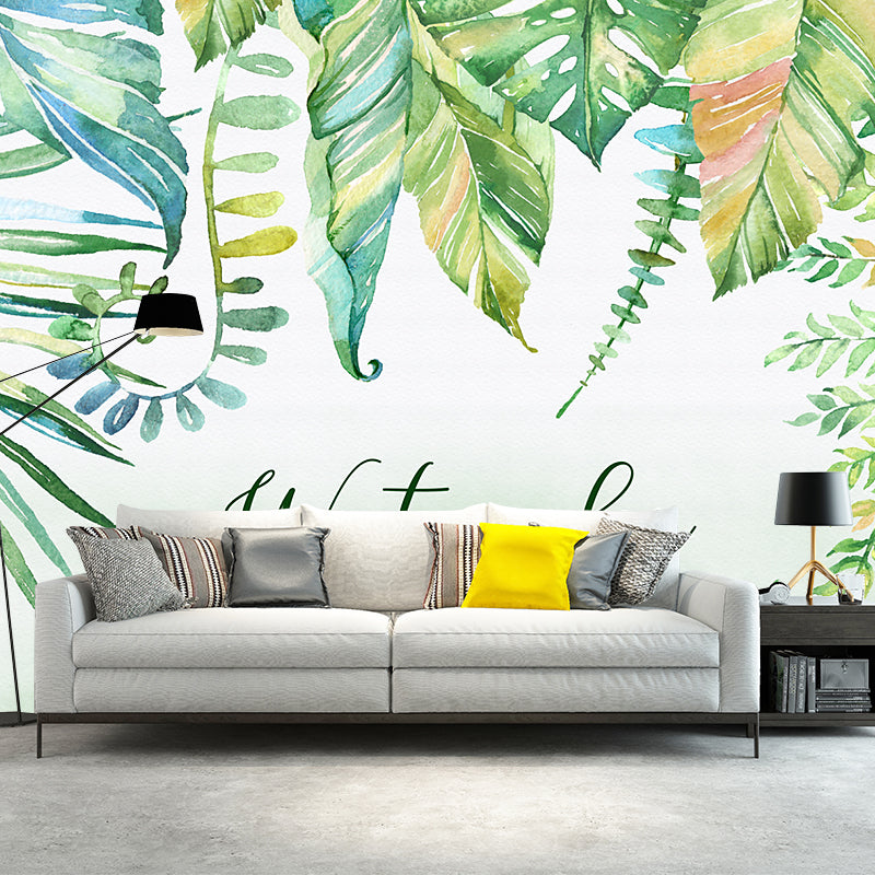 Whole Plants Wall Mural Decal Tropical Relaxing Watercolor Leaf Wall Art in Yellow-Green Yellow-Green Clearhalo 'Wall Decor' 'Wall Mural' 1203759