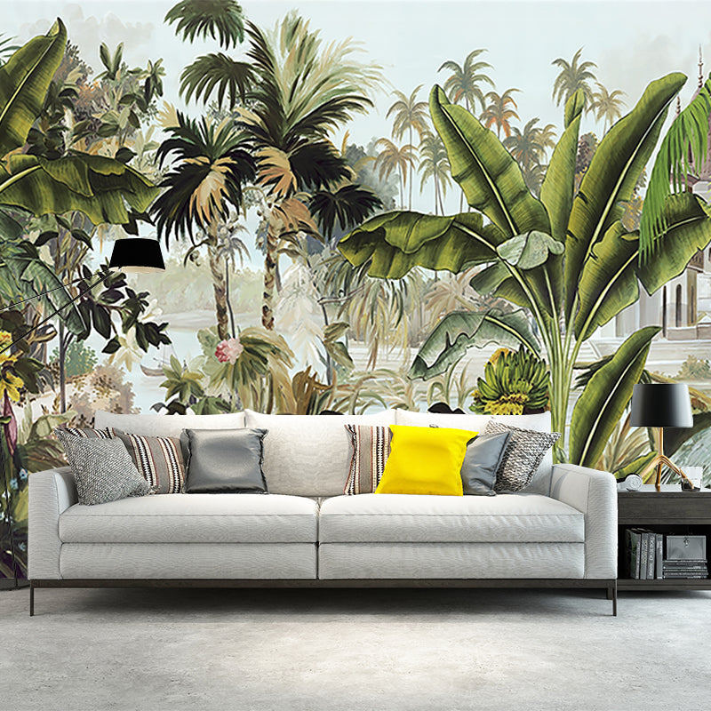 Tropical Plant Manor Wall Mural Green Stain Resistant Wall Covering for Living Room Green Clearhalo 'Wall Decor' 'Wall Mural' 1203766