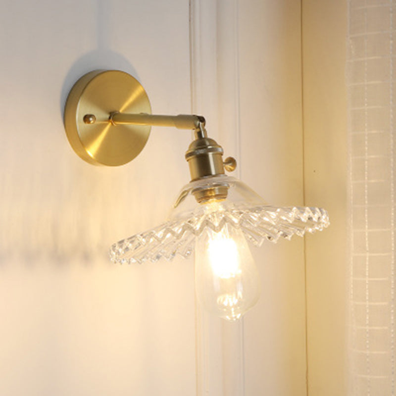 1 Light Clear Glass Wall Sconce Light Industrial Brass Scalloped Living Room Lighting Fixture Clear Clearhalo 'Cast Iron' 'Glass' 'Industrial' 'Modern wall lights' 'Modern' 'Tiffany' 'Traditional wall lights' 'Wall Lamps & Sconces' 'Wall Lights' Lighting' 1206120