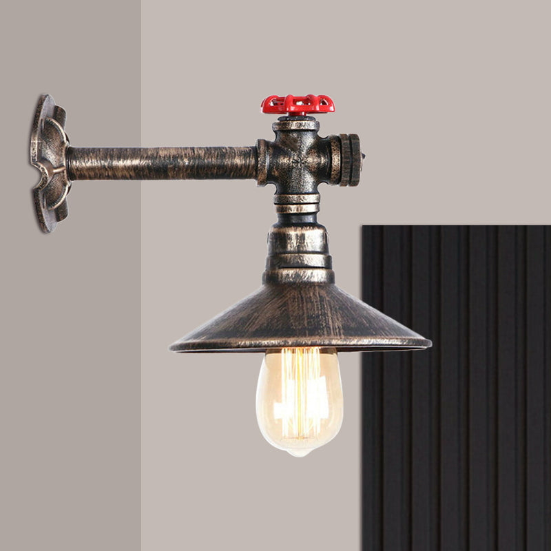Metallic Antique Bronze Wall Mount Light Water Pipe 1 Bulb Industrial Loft Wall Lighting with Cone Shade Antique Bronze Clearhalo 'Art deco wall lights' 'Cast Iron' 'Glass' 'Industrial wall lights' 'Industrial' 'Middle century wall lights' 'Modern' 'Rustic wall lights' 'Tiffany' 'Traditional wall lights' 'Wall Lamps & Sconces' 'Wall Lights' Lighting' 1206141