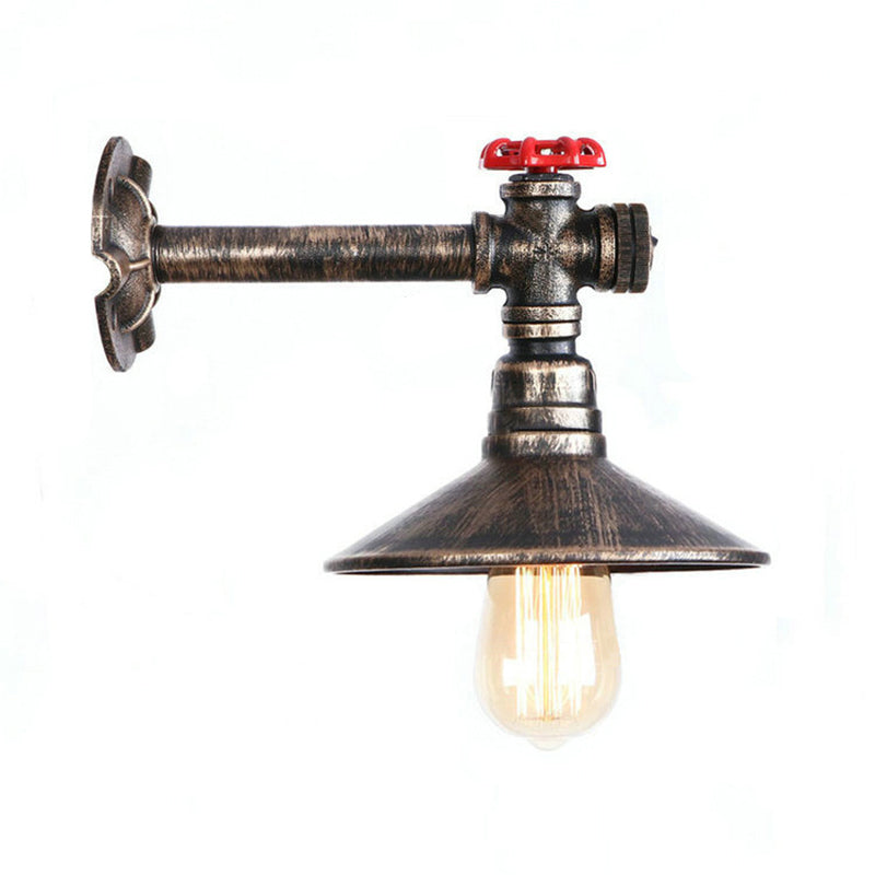 Metallic Antique Bronze Wall Mount Light Water Pipe 1 Bulb Industrial Loft Wall Lighting with Cone Shade Clearhalo 'Art deco wall lights' 'Cast Iron' 'Glass' 'Industrial wall lights' 'Industrial' 'Middle century wall lights' 'Modern' 'Rustic wall lights' 'Tiffany' 'Traditional wall lights' 'Wall Lamps & Sconces' 'Wall Lights' Lighting' 1206143