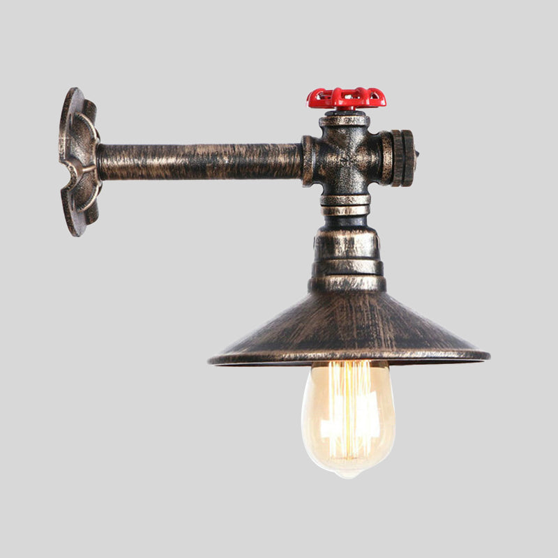Metallic Antique Bronze Wall Mount Light Water Pipe 1 Bulb Industrial Loft Wall Lighting with Cone Shade Clearhalo 'Art deco wall lights' 'Cast Iron' 'Glass' 'Industrial wall lights' 'Industrial' 'Middle century wall lights' 'Modern' 'Rustic wall lights' 'Tiffany' 'Traditional wall lights' 'Wall Lamps & Sconces' 'Wall Lights' Lighting' 1206144
