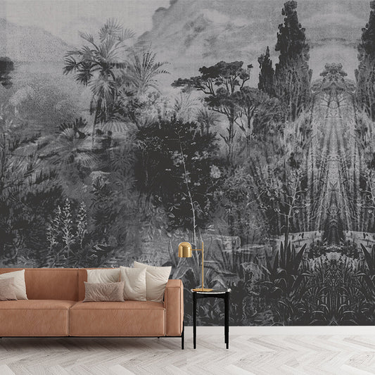 Tropical Plant Park Wallpaper Murals Grey-Black Living Room Wall Decor, Personalised Size Clearhalo 'Wall Decor' 'Wall Mural' 1206934