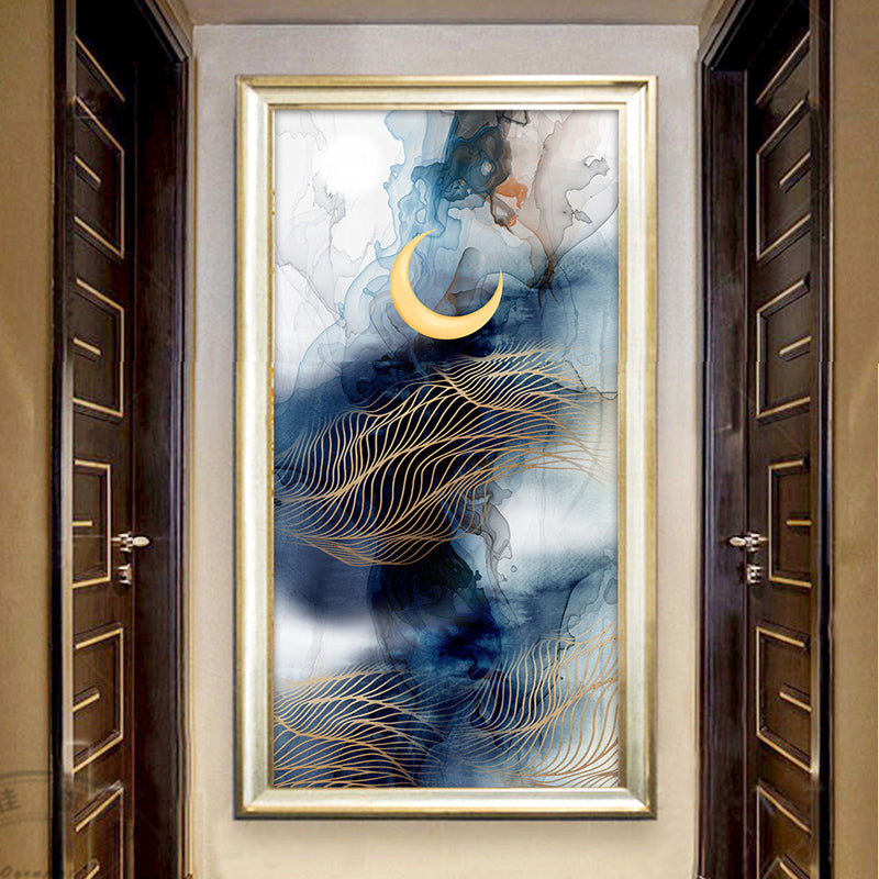 Abstract Moon-Mountain Painting Murals Contemporary Non-Woven Cloth Wall Art in Blue-Yellow Blue-Yellow Clearhalo 'Wall Decor' 'Wall Mural' 1207328