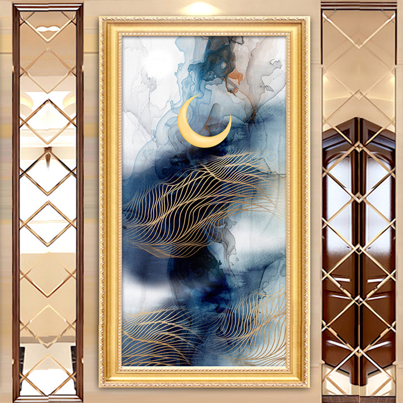 Abstract Moon-Mountain Painting Murals Contemporary Non-Woven Cloth Wall Art in Blue-Yellow Clearhalo 'Wall Decor' 'Wall Mural' 1207329