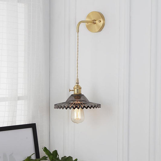 Smoked Textured Glass Brass Sconce Light Scalloped 1-Light Industrial Wall Lamp Fixture for Bedroom Smoke Gray Clearhalo 'Cast Iron' 'Glass' 'Industrial' 'Modern wall lights' 'Modern' 'Tiffany' 'Traditional wall lights' 'Wall Lamps & Sconces' 'Wall Lights' Lighting' 1207333