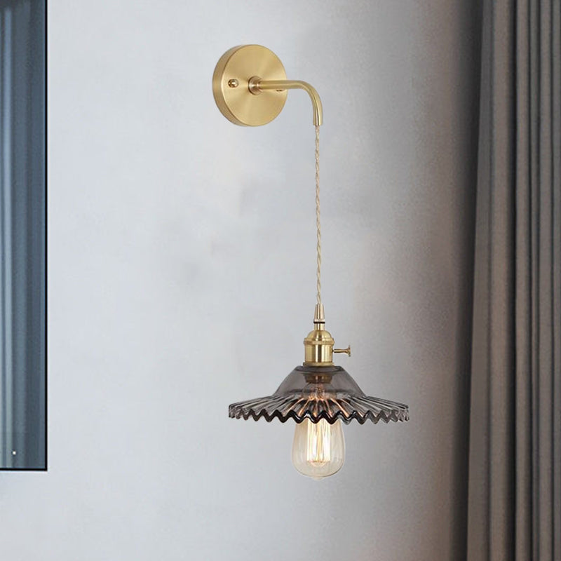 Smoked Textured Glass Brass Sconce Light Scalloped 1-Light Industrial Wall Lamp Fixture for Bedroom Clearhalo 'Cast Iron' 'Glass' 'Industrial' 'Modern wall lights' 'Modern' 'Tiffany' 'Traditional wall lights' 'Wall Lamps & Sconces' 'Wall Lights' Lighting' 1207334