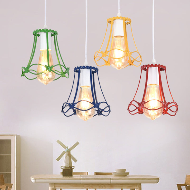 Modern Wire Cage Mini Pendant Lamp 1 Light Metal Hanging Ceiling Light in Blue/Green/Yellow Red Clearhalo 'Ceiling Lights' 'Modern Pendants' 'Modern' 'Pendant Lights' 'Pendants' Lighting' 1207343