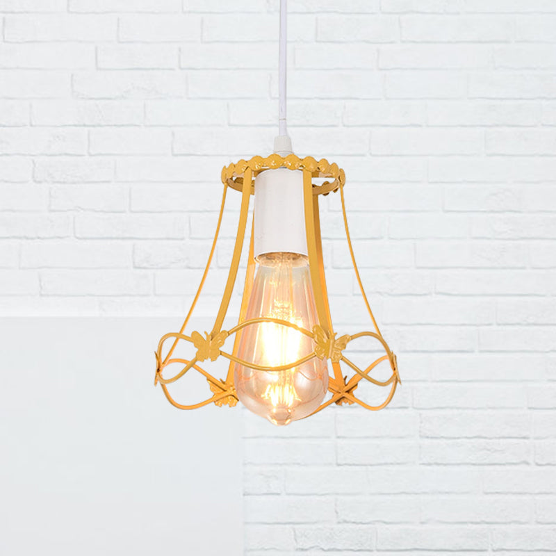 Modern Wire Cage Mini Pendant Lamp 1 Light Metal Hanging Ceiling Light in Blue/Green/Yellow Yellow Clearhalo 'Ceiling Lights' 'Modern Pendants' 'Modern' 'Pendant Lights' 'Pendants' Lighting' 1207348