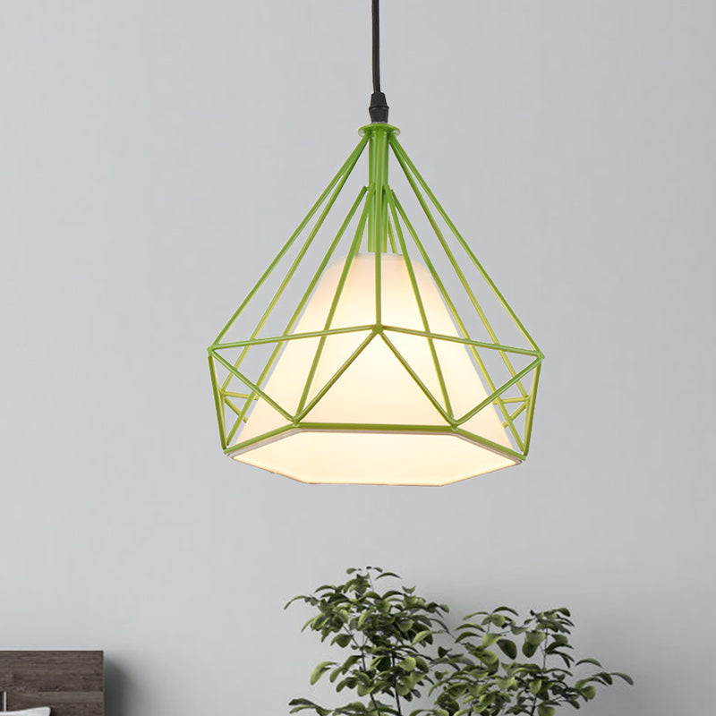 Retro Diamond Cage Hanging Lamp 10"/15" Dia 1 Light Metallic Pendant Light Fixture with Fabric Shade in Green/Yellow Green Clearhalo 'Ceiling Lights' 'Modern Pendants' 'Modern' 'Pendant Lights' 'Pendants' Lighting' 1207374