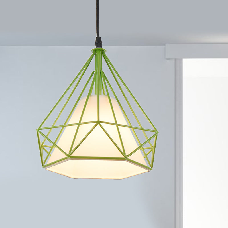 Retro Diamond Cage Hanging Lamp 10"/15" Dia 1 Light Metallic Pendant Light Fixture with Fabric Shade in Green/Yellow Clearhalo 'Ceiling Lights' 'Modern Pendants' 'Modern' 'Pendant Lights' 'Pendants' Lighting' 1207375