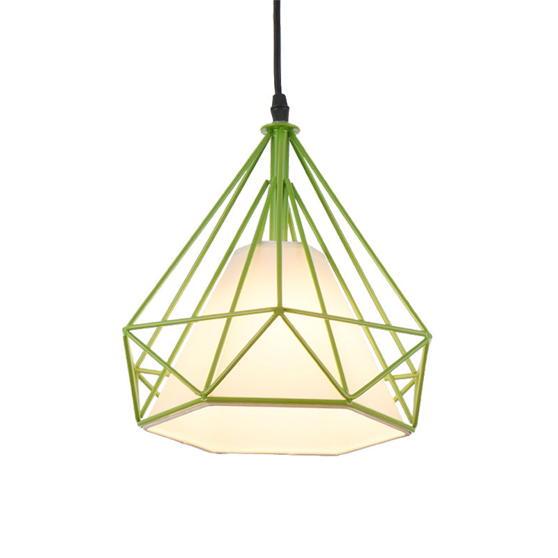 Retro Diamond Cage Hanging Lamp 10"/15" Dia 1 Light Metallic Pendant Light Fixture with Fabric Shade in Green/Yellow Clearhalo 'Ceiling Lights' 'Modern Pendants' 'Modern' 'Pendant Lights' 'Pendants' Lighting' 1207376