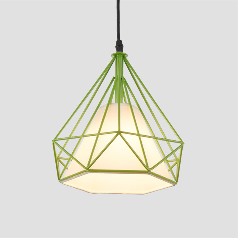 Retro Diamond Cage Hanging Lamp 10"/15" Dia 1 Light Metallic Pendant Light Fixture with Fabric Shade in Green/Yellow Clearhalo 'Ceiling Lights' 'Modern Pendants' 'Modern' 'Pendant Lights' 'Pendants' Lighting' 1207377