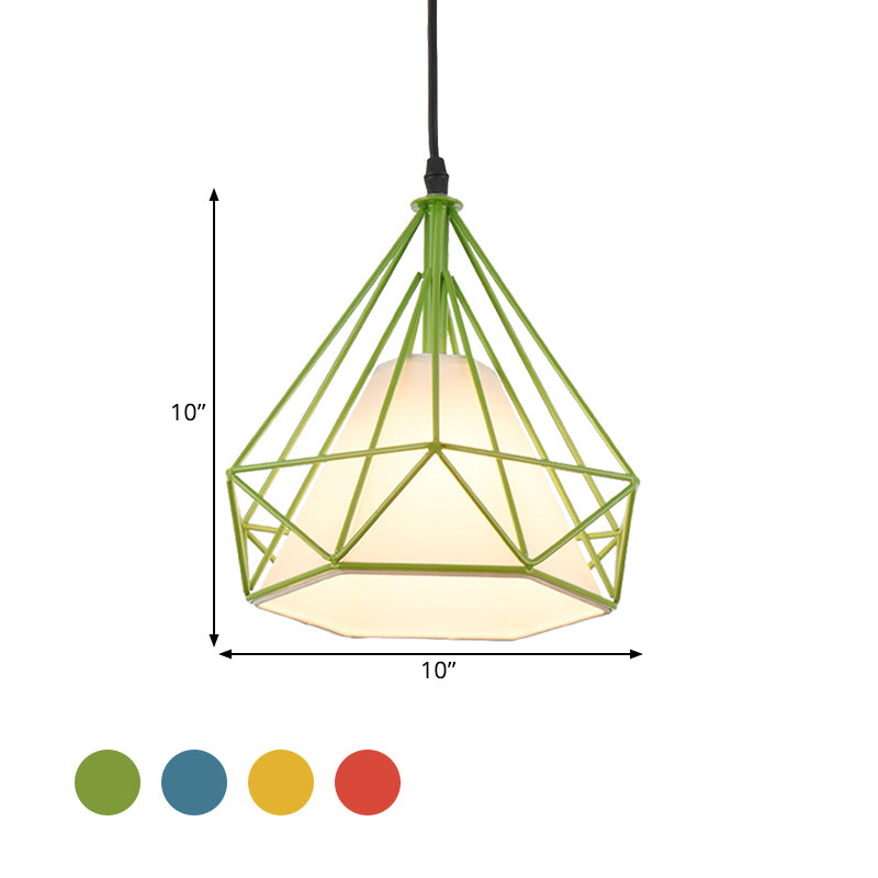 Retro Diamond Cage Hanging Lamp 10"/15" Dia 1 Light Metallic Pendant Light Fixture with Fabric Shade in Green/Yellow Clearhalo 'Ceiling Lights' 'Modern Pendants' 'Modern' 'Pendant Lights' 'Pendants' Lighting' 1207378