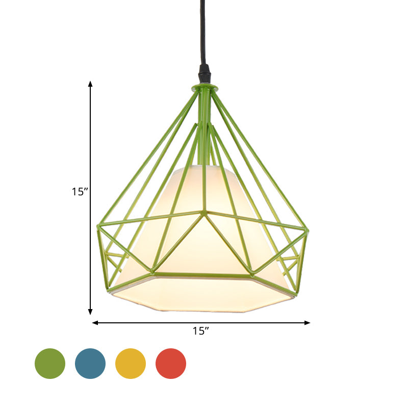 Retro Diamond Cage Hanging Lamp 10"/15" Dia 1 Light Metallic Pendant Light Fixture with Fabric Shade in Green/Yellow Clearhalo 'Ceiling Lights' 'Modern Pendants' 'Modern' 'Pendant Lights' 'Pendants' Lighting' 1207379