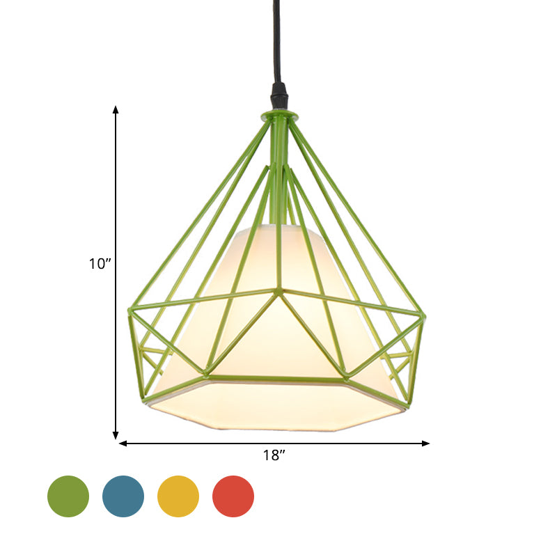 Retro Diamond Cage Hanging Lamp 10"/15" Dia 1 Light Metallic Pendant Light Fixture with Fabric Shade in Green/Yellow Clearhalo 'Ceiling Lights' 'Modern Pendants' 'Modern' 'Pendant Lights' 'Pendants' Lighting' 1207380