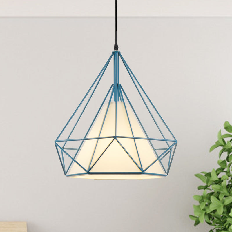 Retro Diamond Cage Hanging Lamp 10"/15" Dia 1 Light Metallic Pendant Light Fixture with Fabric Shade in Green/Yellow Blue Clearhalo 'Ceiling Lights' 'Modern Pendants' 'Modern' 'Pendant Lights' 'Pendants' Lighting' 1207381