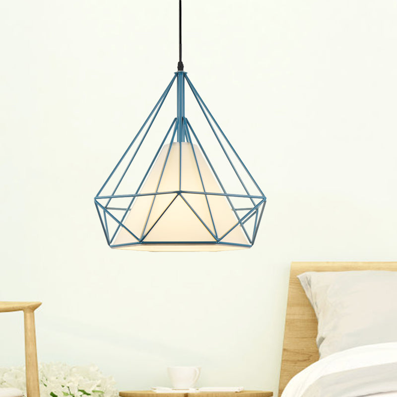 Retro Diamond Cage Hanging Lamp 10"/15" Dia 1 Light Metallic Pendant Light Fixture with Fabric Shade in Green/Yellow Clearhalo 'Ceiling Lights' 'Modern Pendants' 'Modern' 'Pendant Lights' 'Pendants' Lighting' 1207382